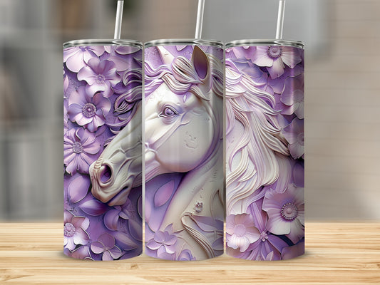 Three tumblers decorated with embossed white horses and purple flowers.