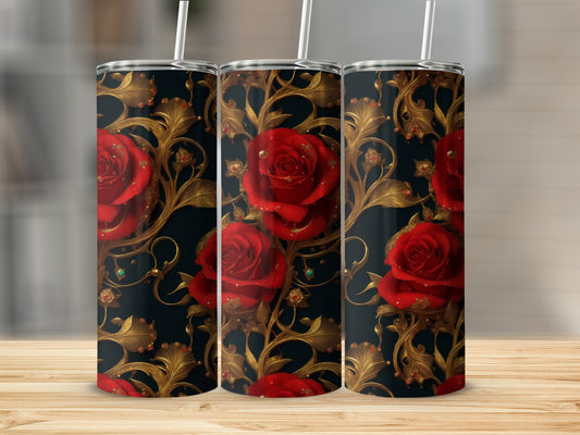 Three tumblers with a red rose and gold floral design.