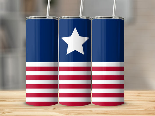 Three tumblers with a US flag design, one star on blue.