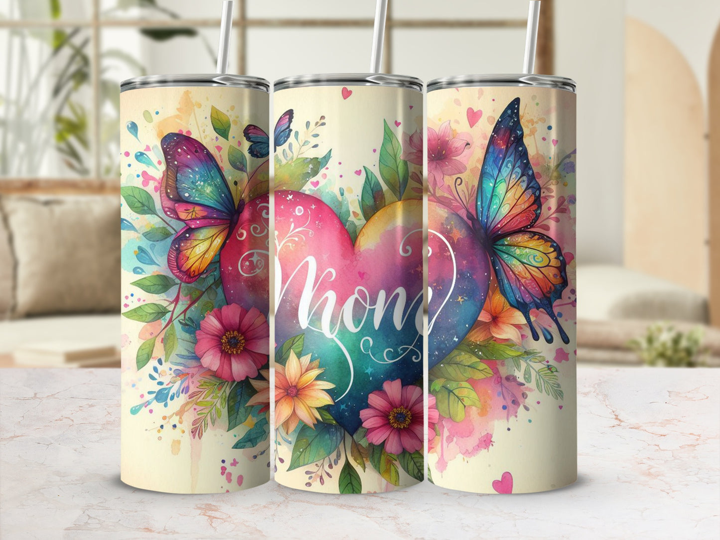 Colorful Mom Heart Butterflies and Flowers Tumbler