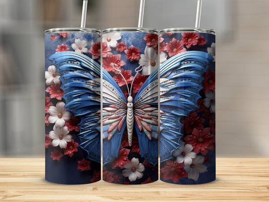 Triptych of tumblers featuring a blue butterfly with floral accents on a navy background.