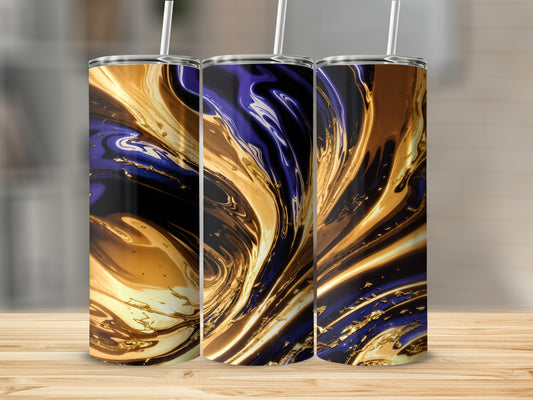 Three tumblers with a swirling abstract pattern of gold and deep purple.