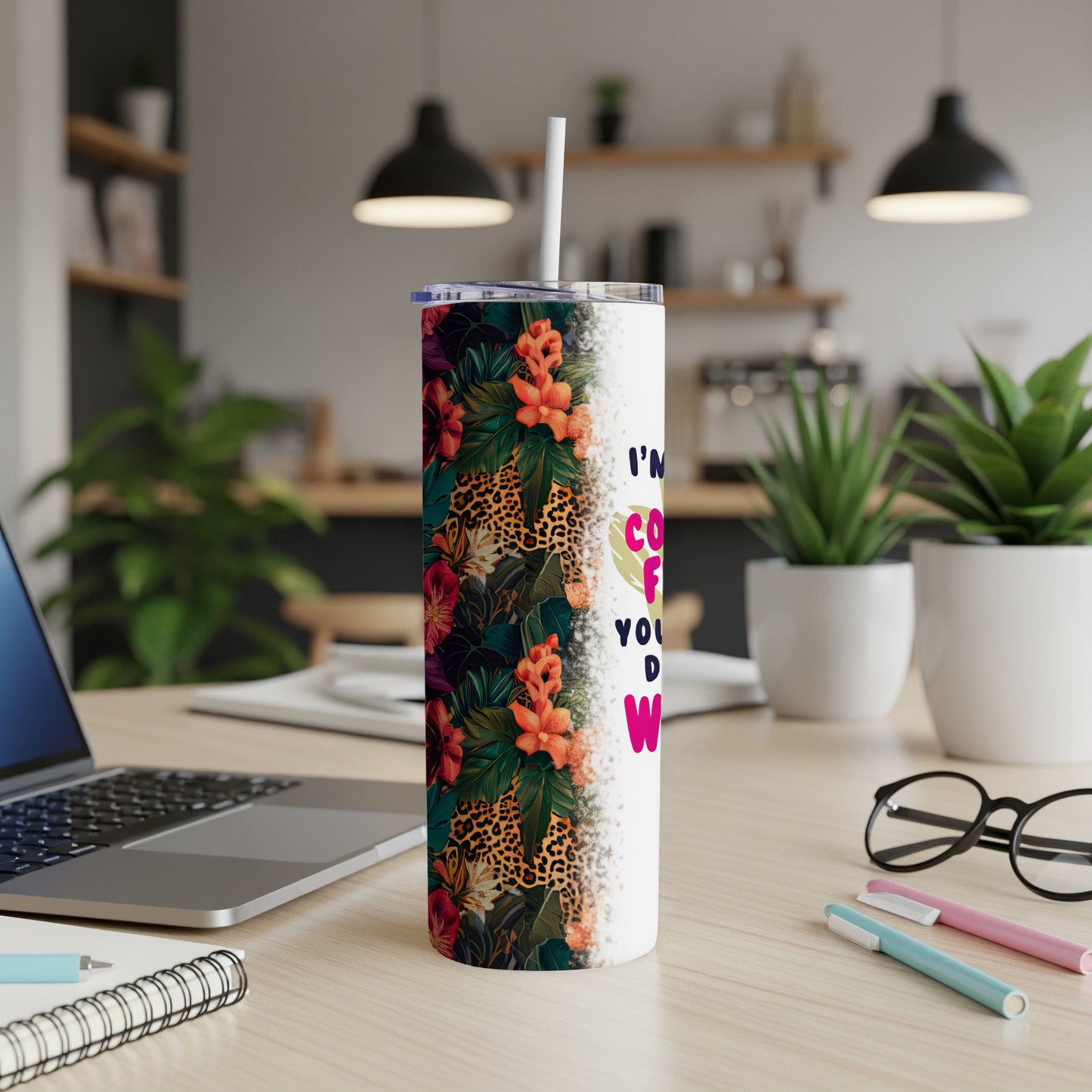 White tumbler with tropical flowers, leopard print, and "I'm coffee" text.
