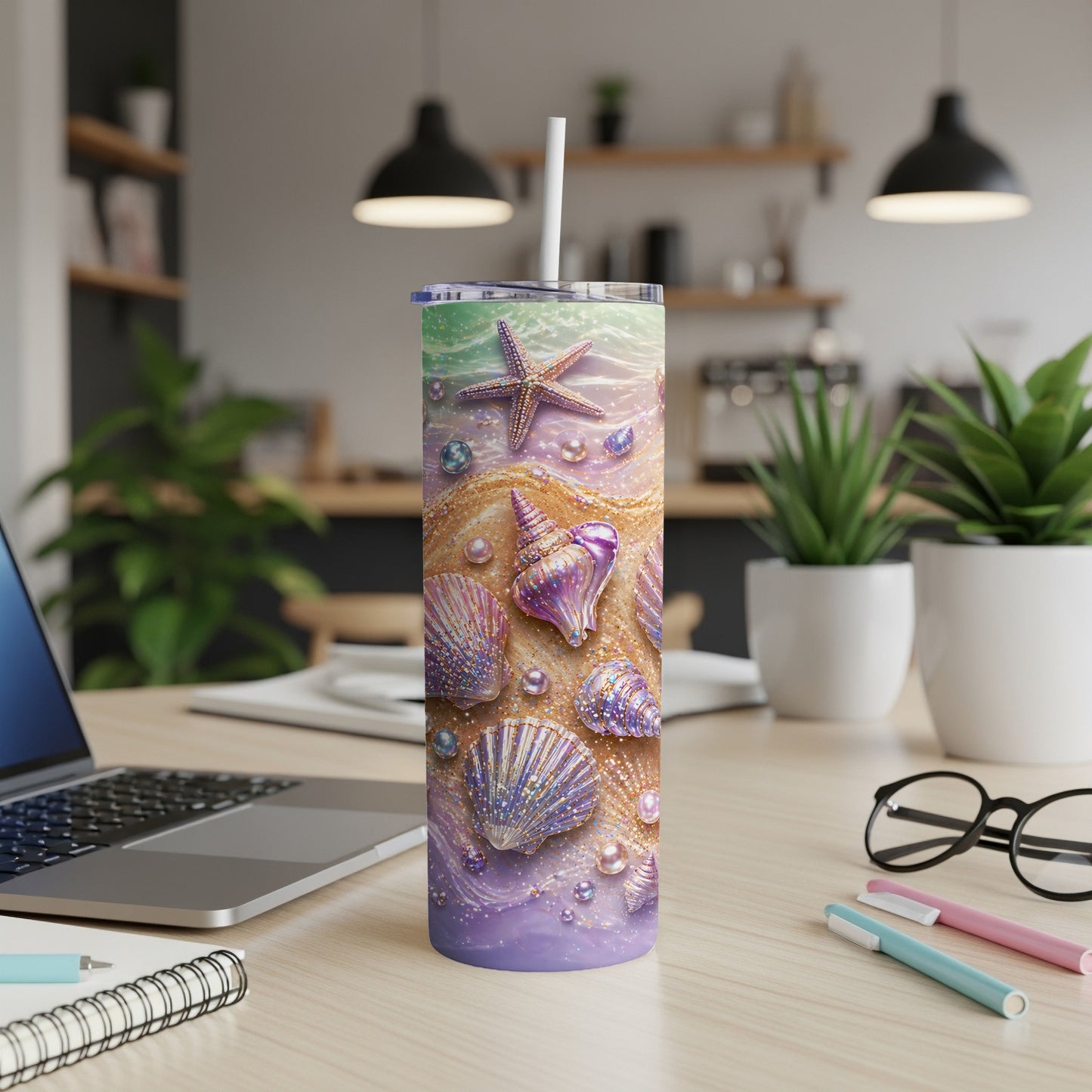 Tumbler with seashells and starfish on a sandy beach design.