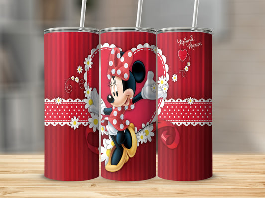 Minnie Mouse and red striped tumbler with hearts and flowers.