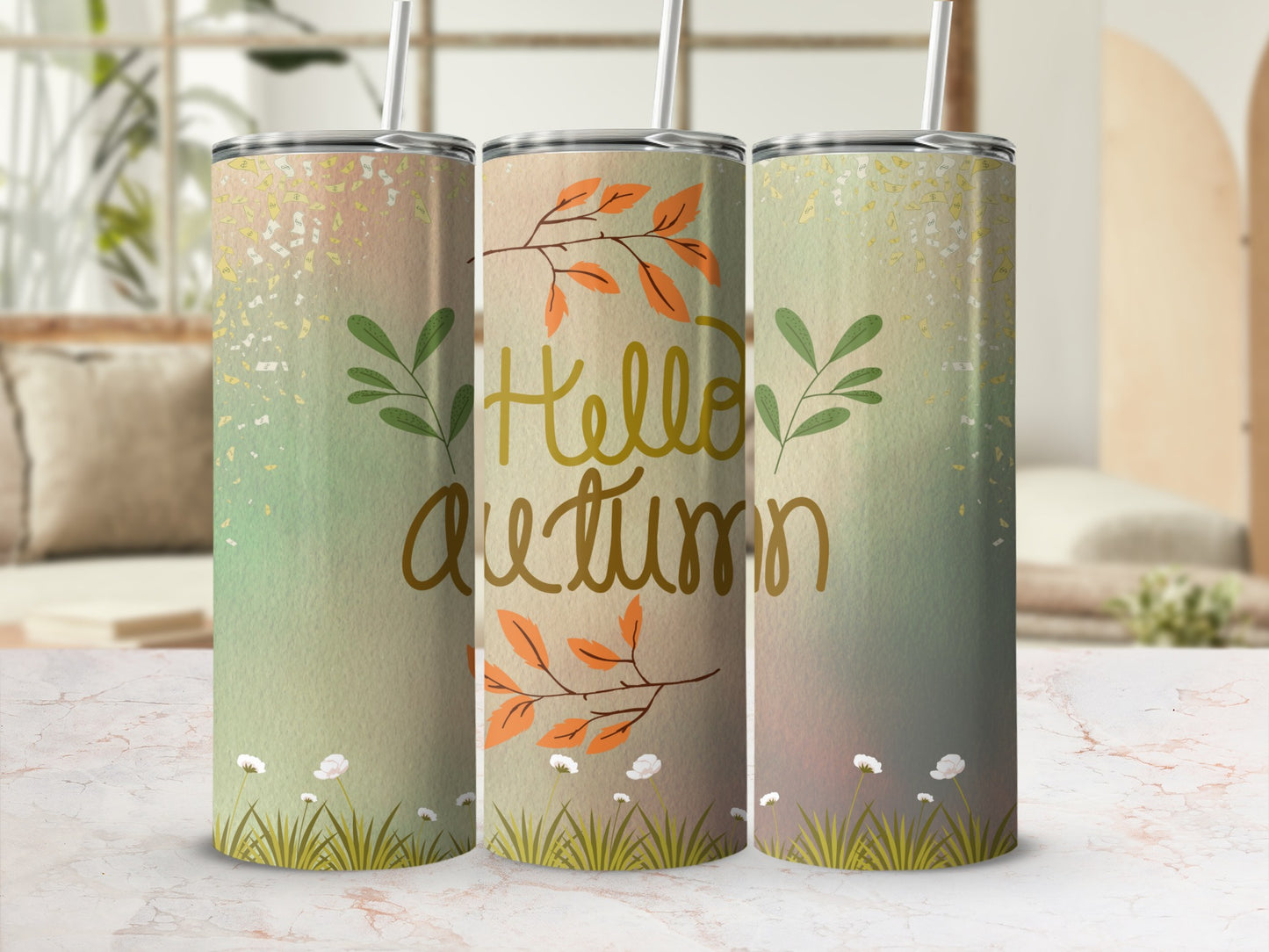 Hello Autumn Floral Green and Orange Tumbler Product