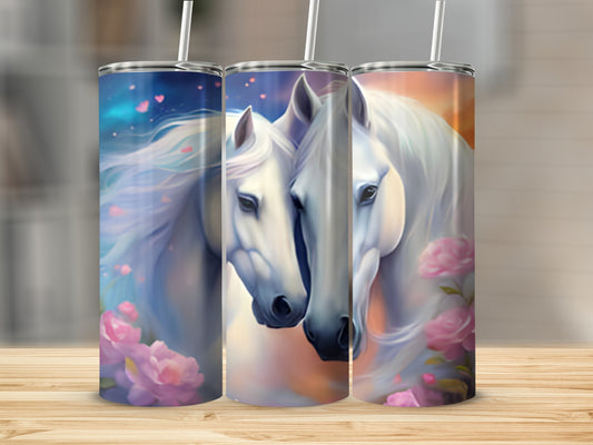 Three tumblers featuring two white horses with pink roses and hearts.