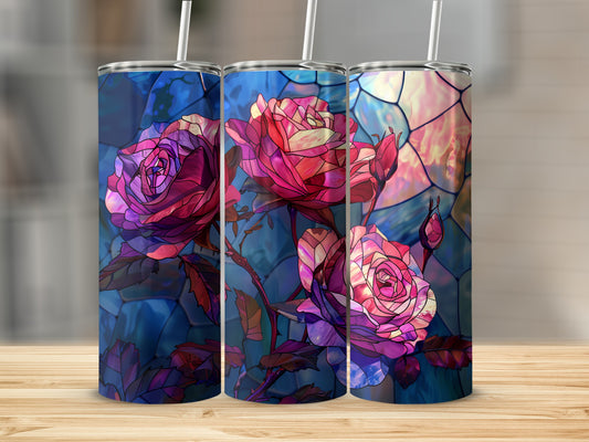 Three tumblers with a stained glass rose design.