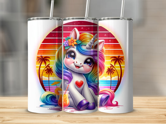 Cartoon unicorn with rainbow mane sits beside a tropical drink.