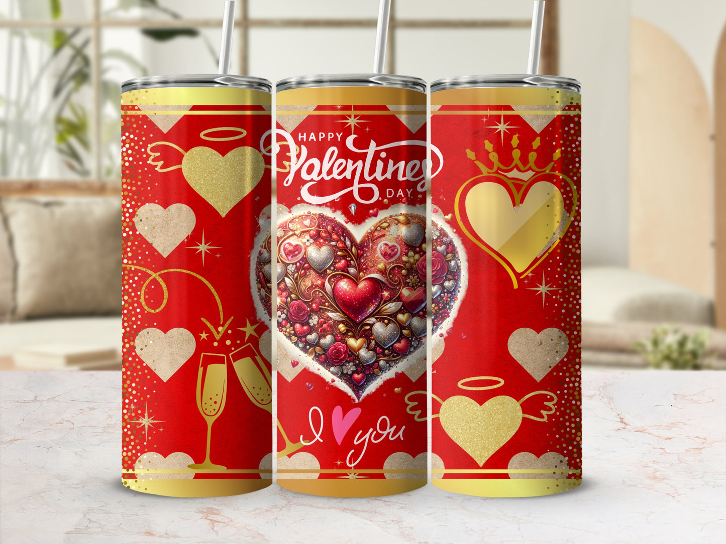 Valentine's Day Tumbler with Heart and Champagne Design