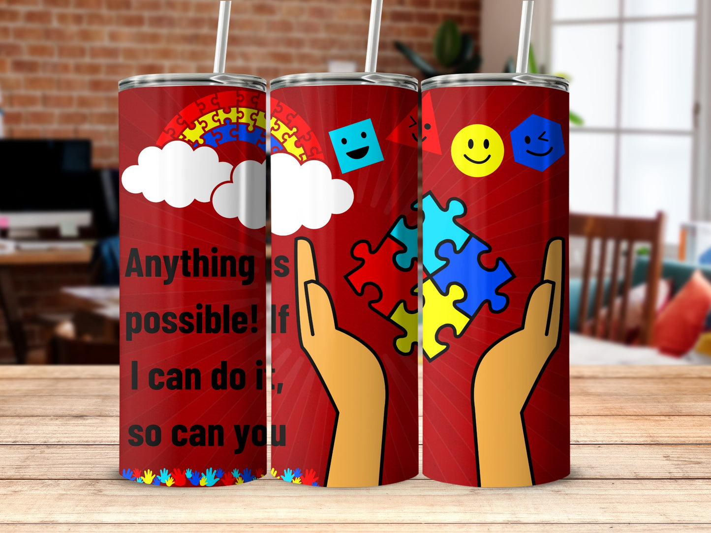 Motivational Puzzle Theme Design Tumbler with Straw