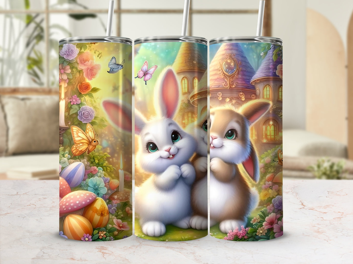 Cute Bunny and Flowers Design on Tumbler