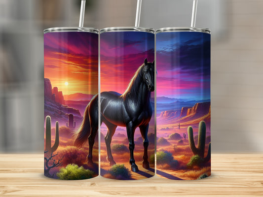 Black horse in a desert sunset landscape on a tumbler.