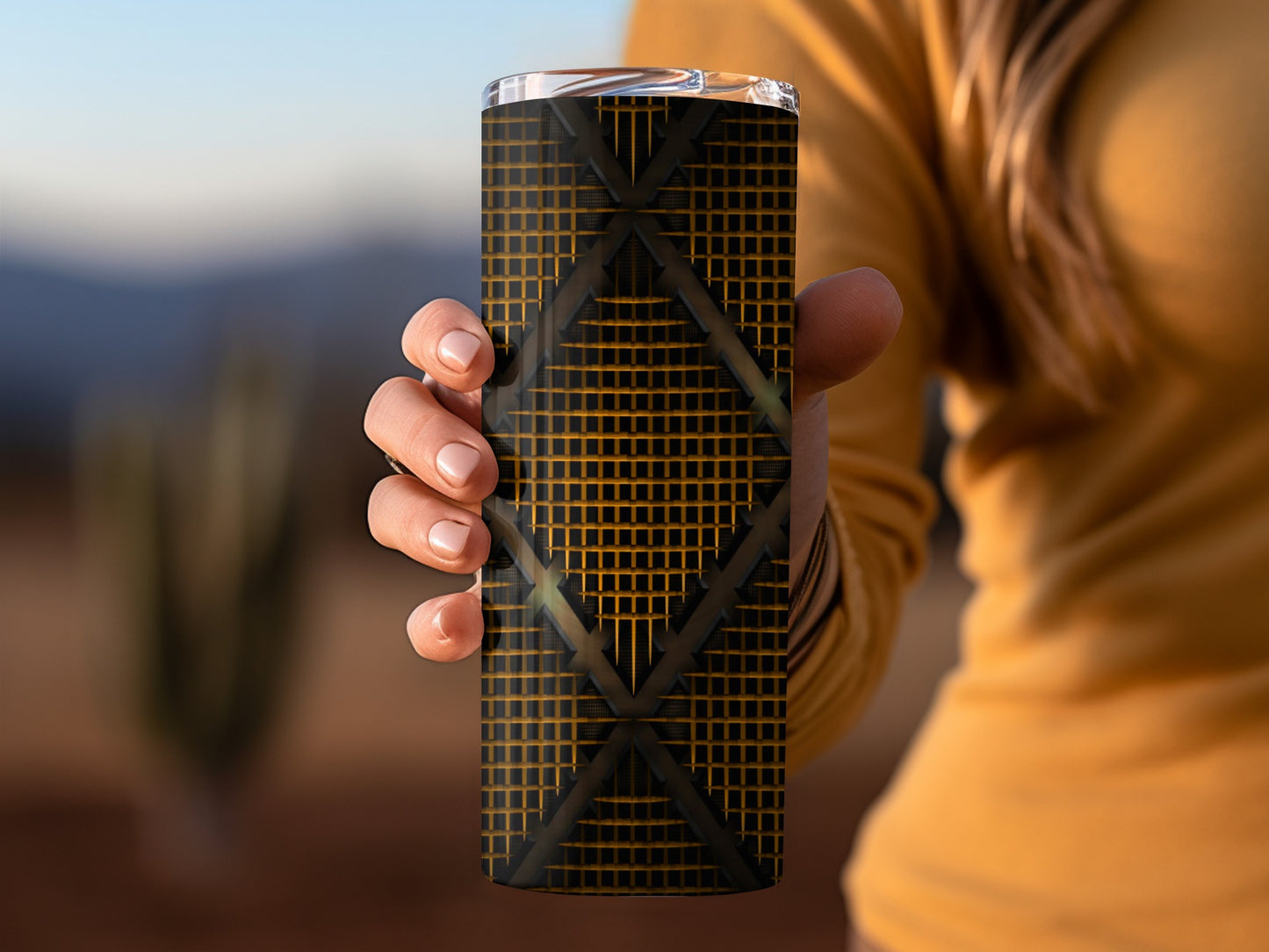 Bronze Geometric Trellis Over Black Background Tumblers