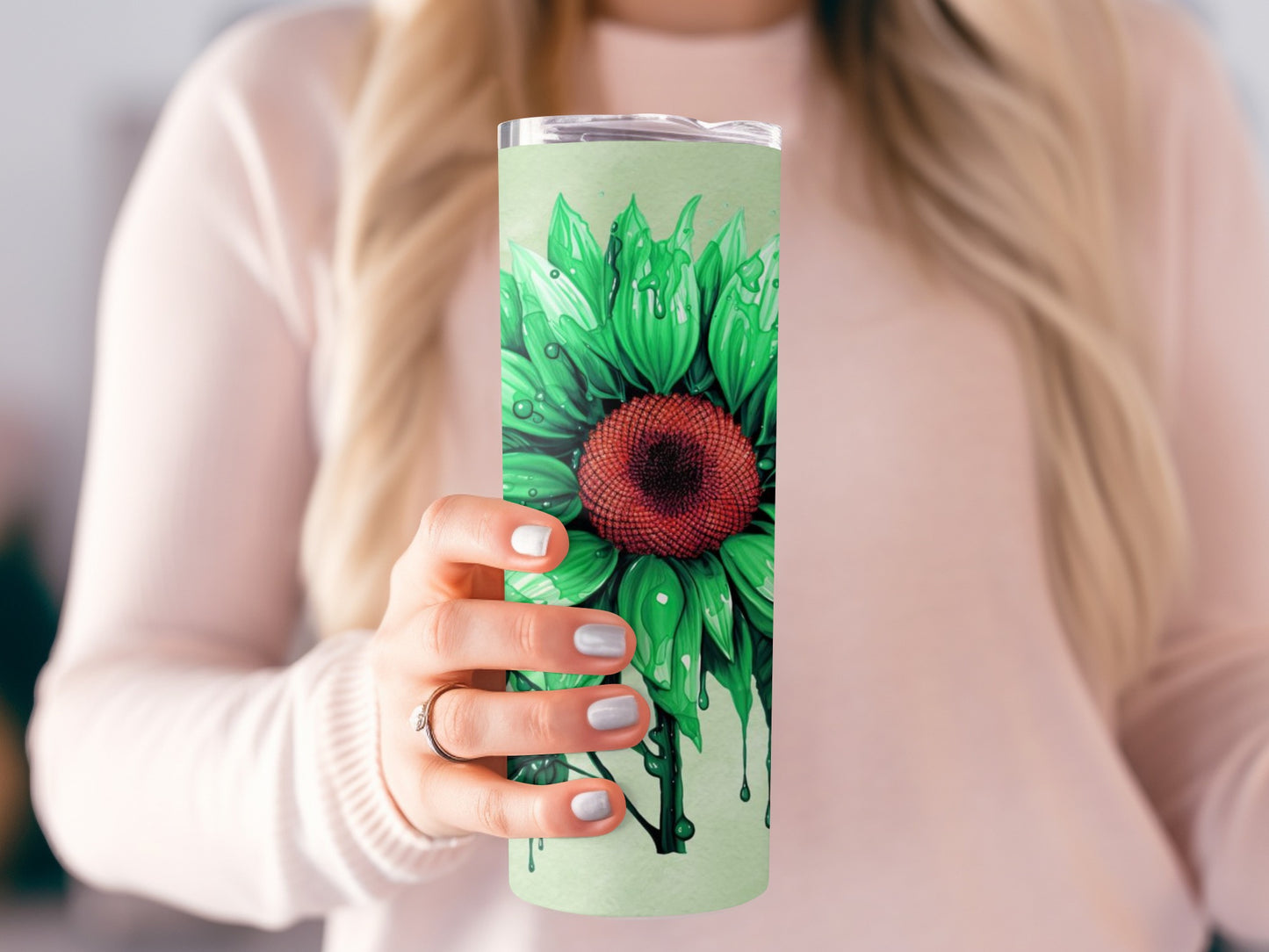 Green Sunflower Art Design Tumbler with Drip Effect