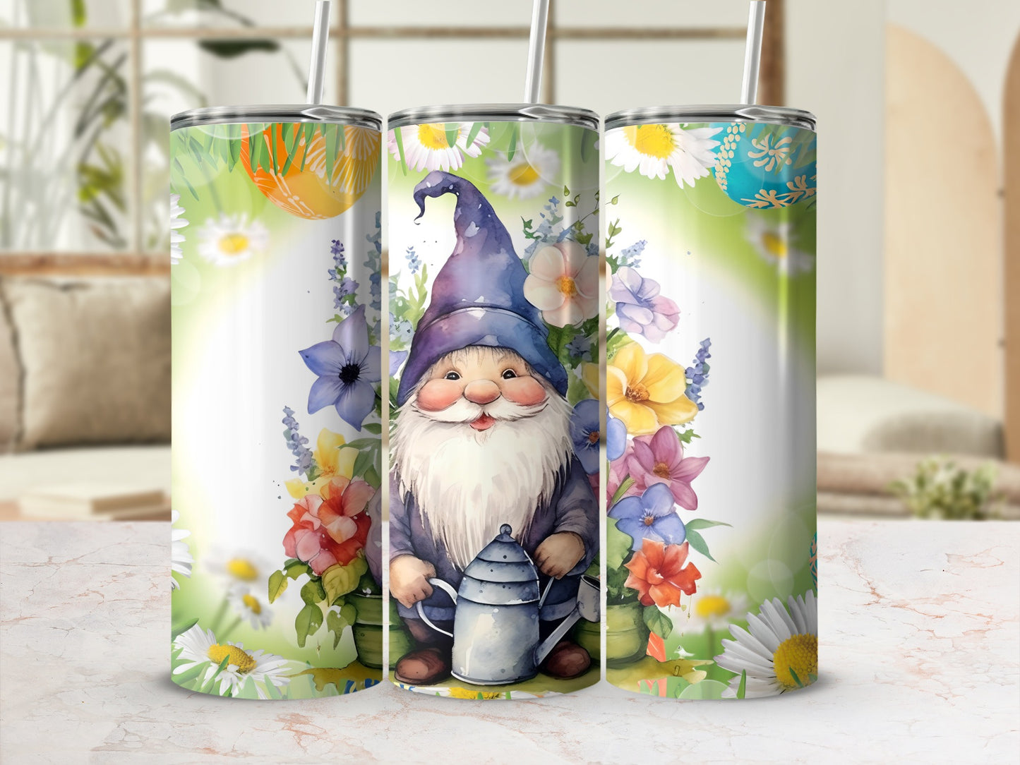 Whimsical Gnome with Floral Background Tumbler
