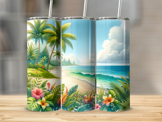 Three tropical beach scene tumblers with palm trees, flowers, and ocean.