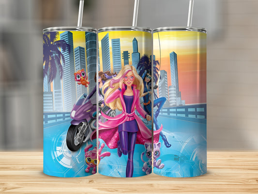 Barbie and friends on a motorcycle in a city with futuristic buildings.