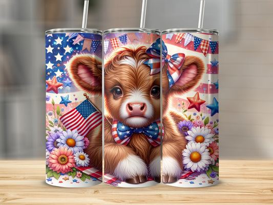 Cute cow with American flag and flowers on patriotic tumbler.