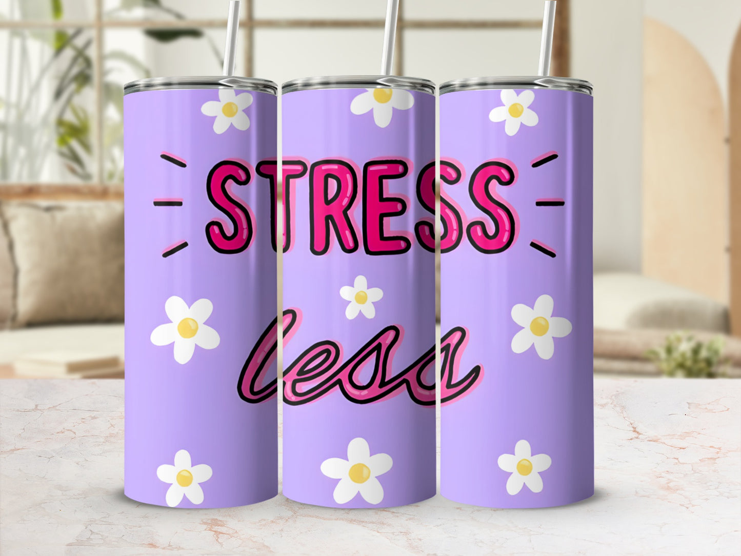 Stress Less Purple Floral Insulated Tumbler