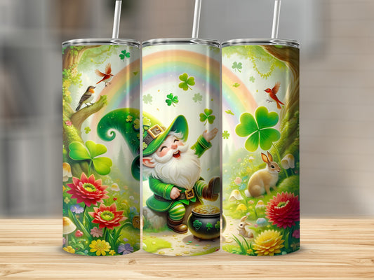 Leprechaun with shamrocks and rainbow on a nature scene tumbler.