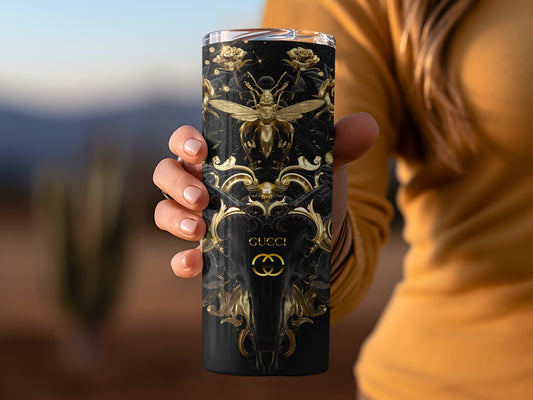 Elegant Gold Bee and Rose Black Tumbler Flask Design