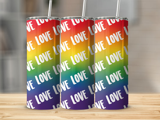 Three tumblers with rainbow stripes and "LOVE" repeated across them.