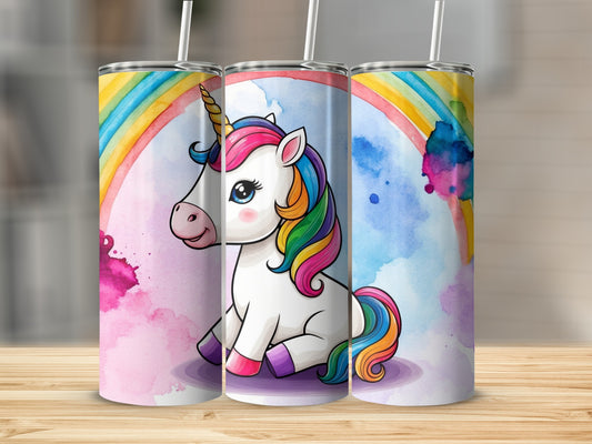 White unicorn with rainbow mane and tail sits by a watercolor rainbow.