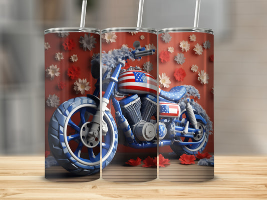Motorcycle tumbler with American flag design and floral accents.