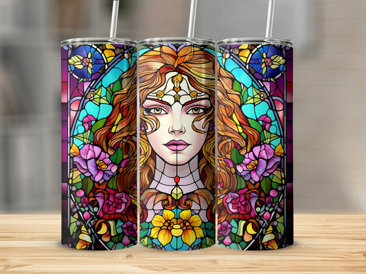 Stained glass woman with colorful flowers design on three tumblers.
