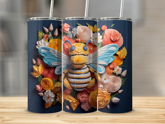 Bee with floral design on navy blue tumbler cups with straws.