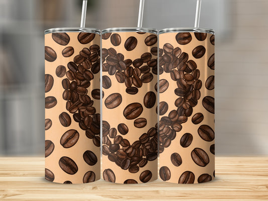 Three tumblers featuring a heart shape made from coffee beans.