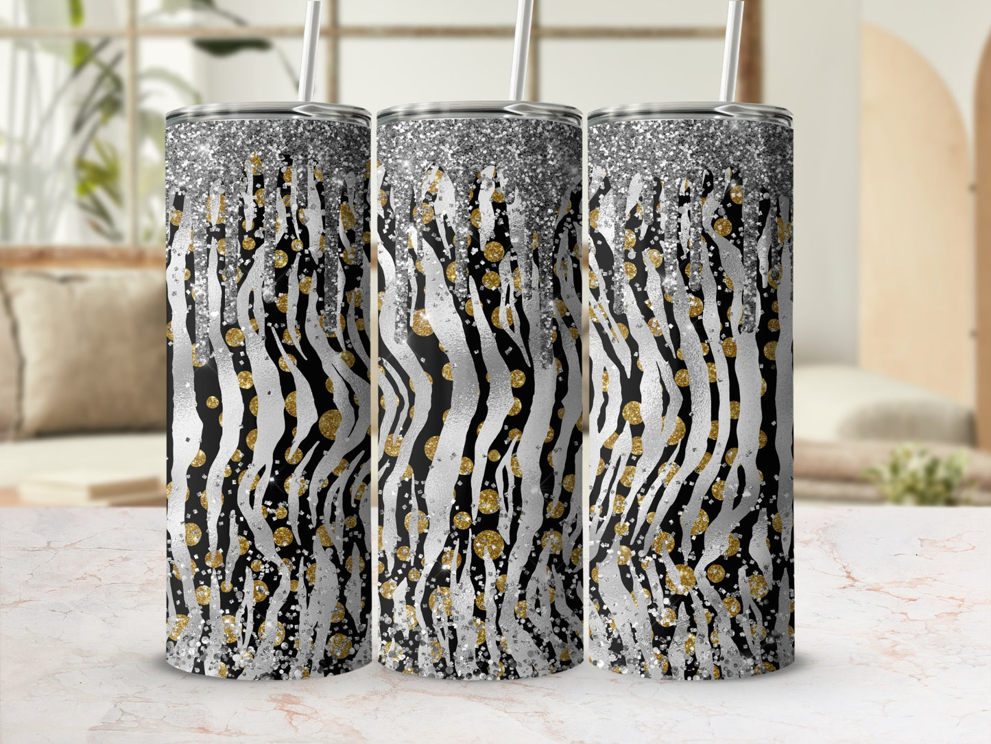 Glittery Zebra Stripes and Gold Dots Insulated Tumbler