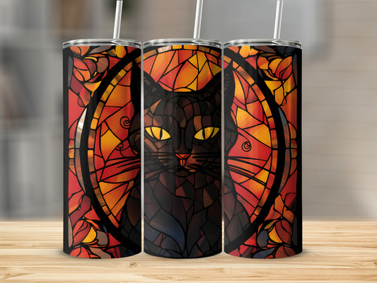Black cat with yellow eyes in a stained glass window design.