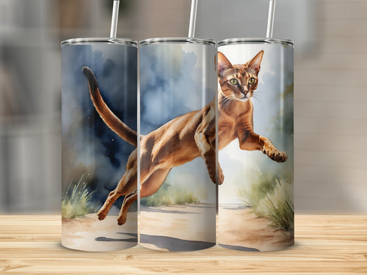 Tumbling Abyssinian cat mid-air on a forest path.