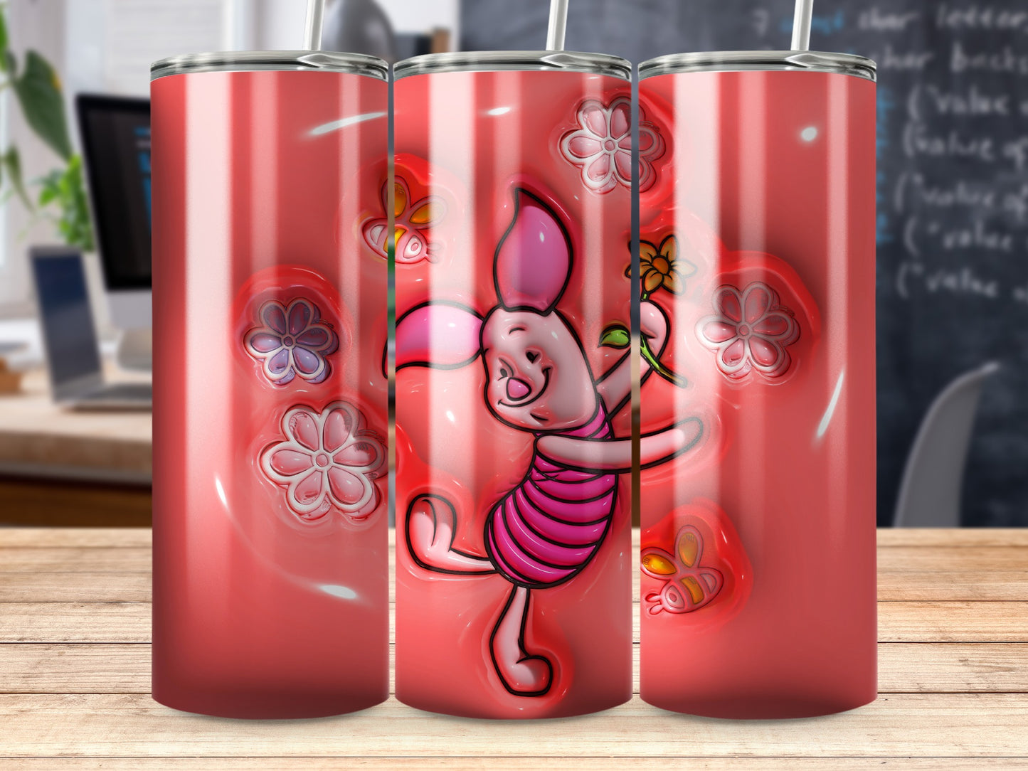 Vibrant Piglet Themed Tumbler with Floral Design