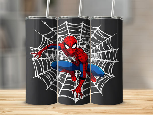 Spiderman on web, multiple tumblers on wooden surface.