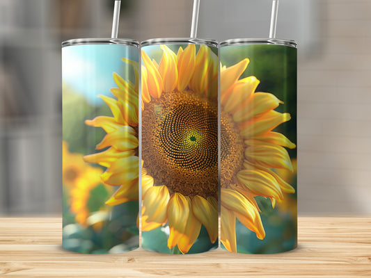 Three tumblers featuring a close-up of a sunflower with a blurred background.