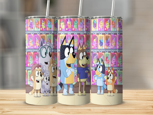 Bluey and Bingo characters on a tumbler with a locker background.