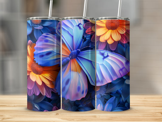 Three tumblers with a blue butterfly and floral design.