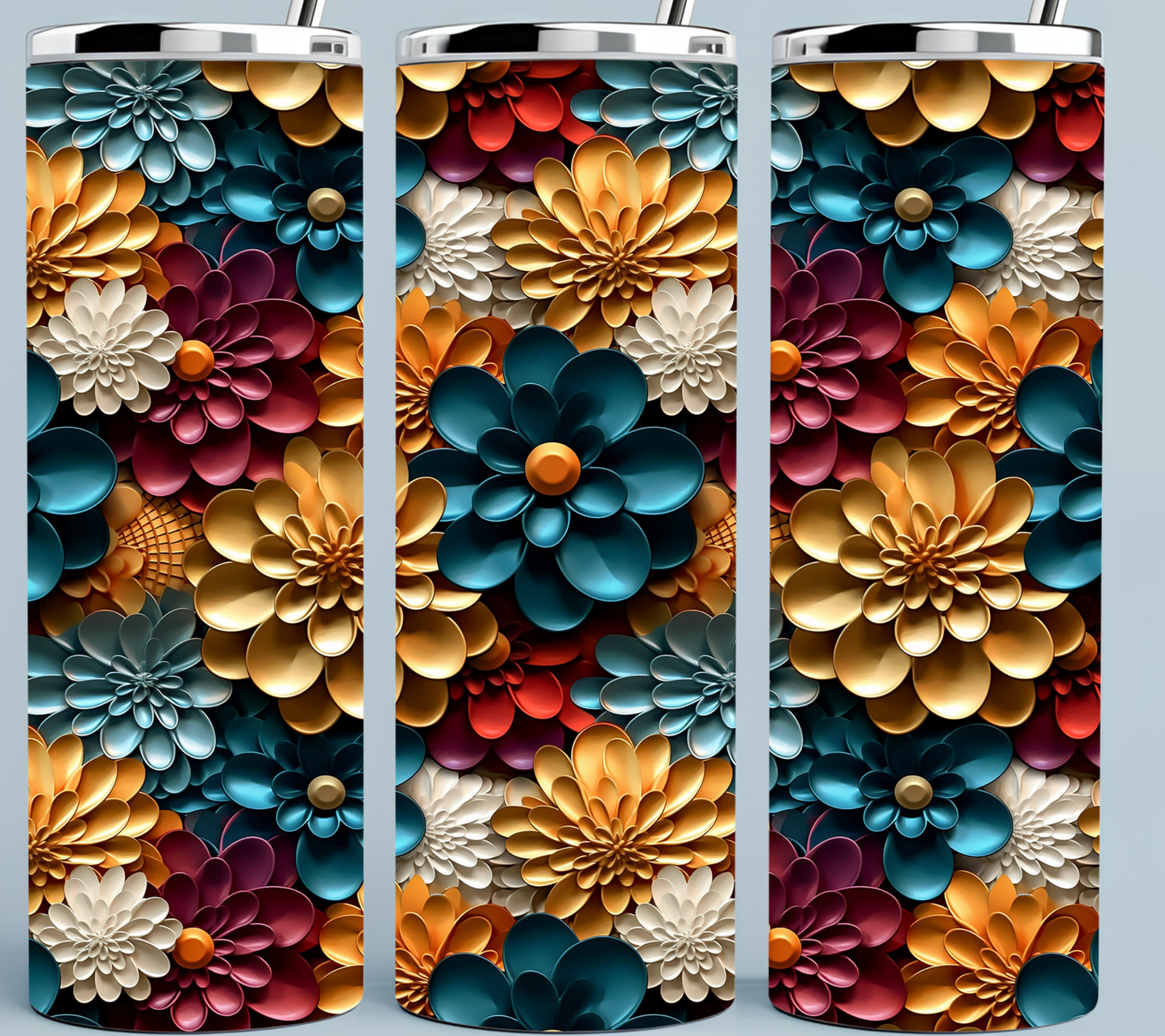 Teal Gold and Maroon flower tumbler