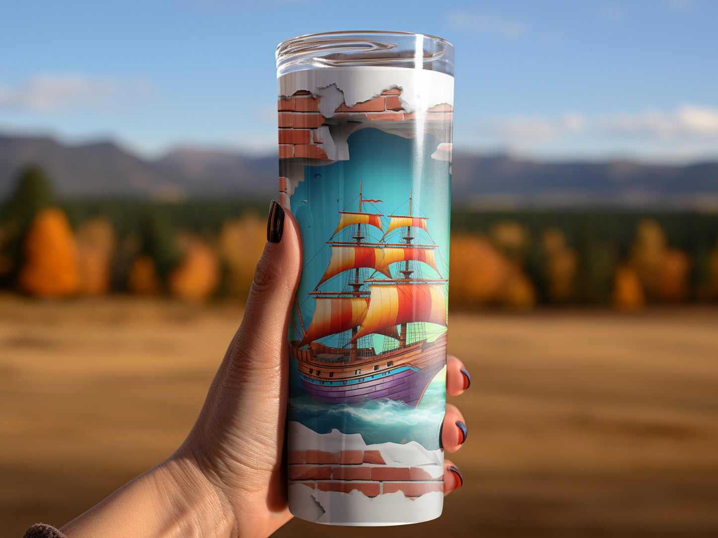 Handheld Tumbler with Painted Sunset Sailing Ship
