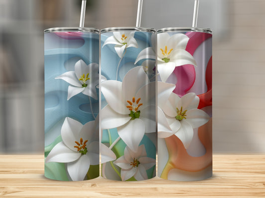 Three white lily flowers on colorful abstract background, cylindrical tumblers.