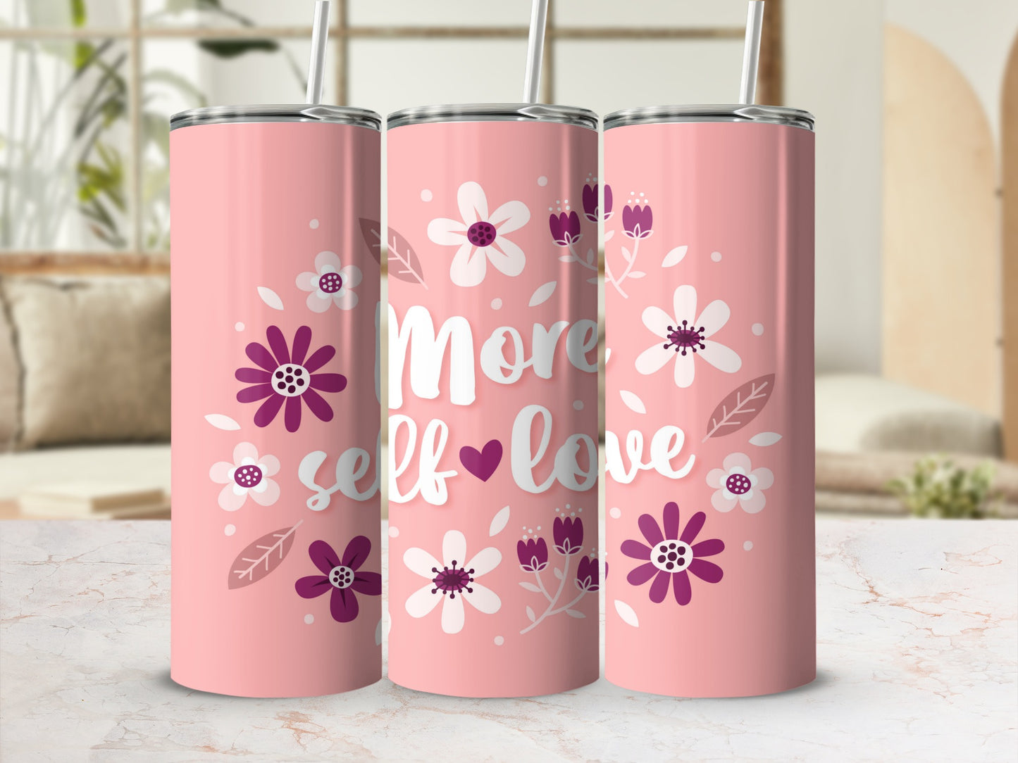 Floral More Self Love Pink Tumbler Motivational Gift