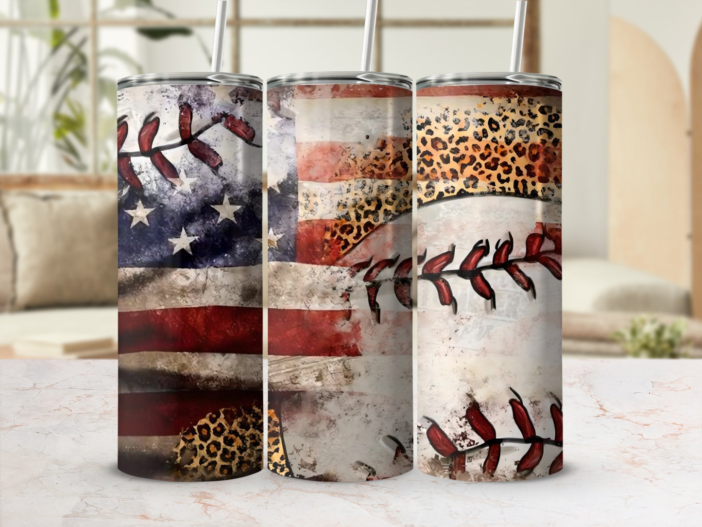 Patriotic Leopard Baseball Design Insulated Tumbler Cup