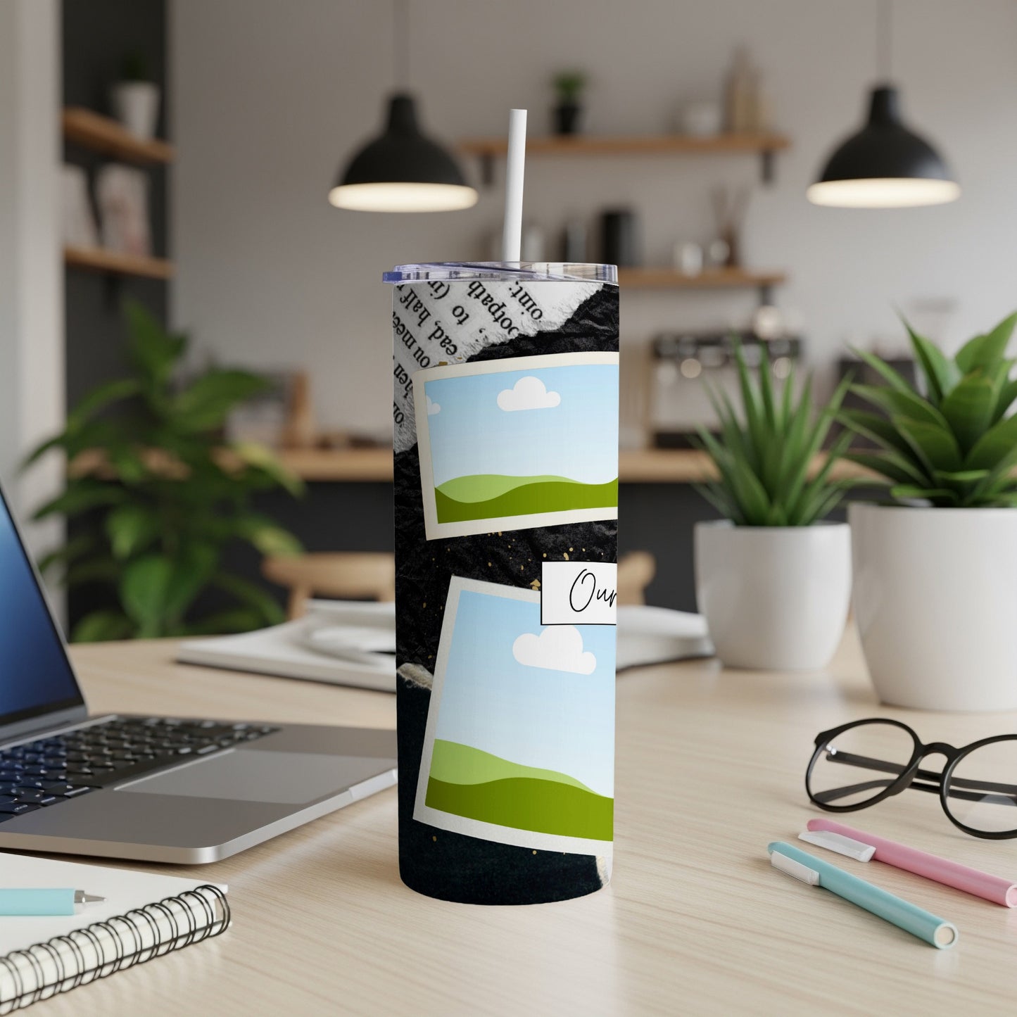 Tumbler with newspaper, torn paper, and photo collage design with the word "Our".