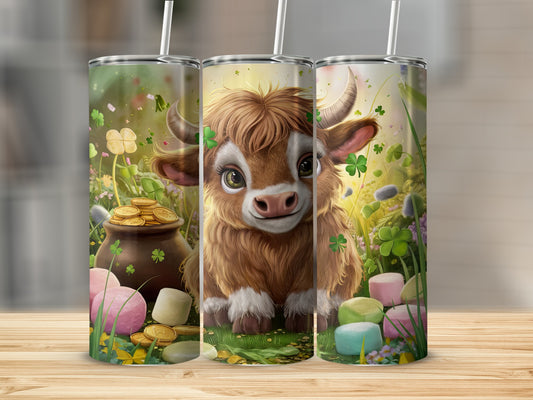 St. Patrick's Day Highland cow with pot of gold, clovers, and marshmallows.