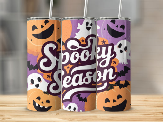 Three tumblers with a Halloween design featuring pumpkins, ghosts, bats, and "Spooky Season" text.