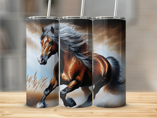 Brown horse running through dry grass with long flowing mane.