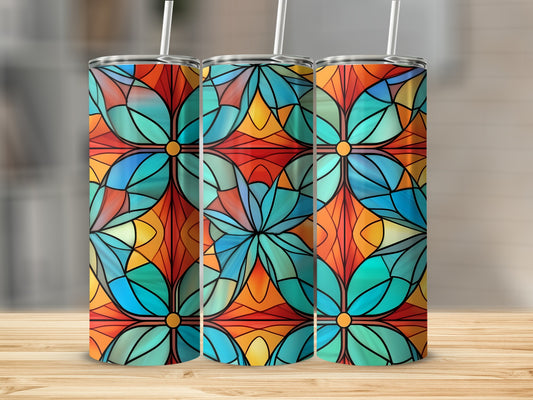 Three tumblers with stained glass floral pattern in teal, orange, and yellow.